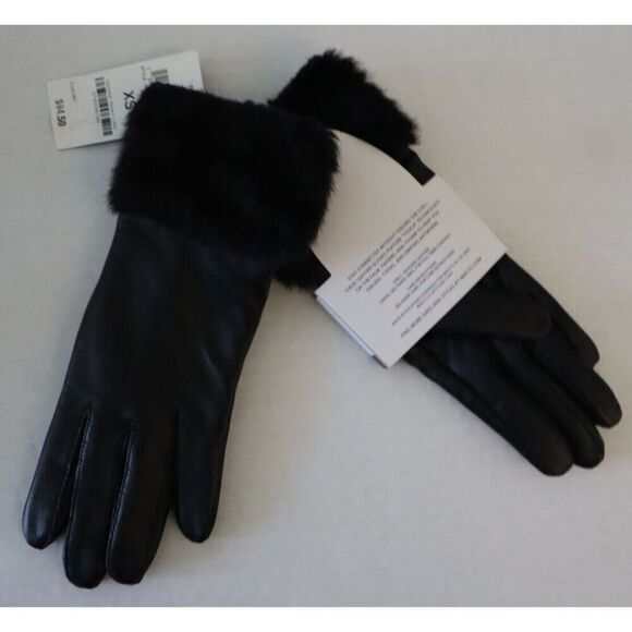 Charter Club 15340 Women's Sz XS Black Faux Fur-Cuff Leather Tech Gloves - Picture 2 of 8